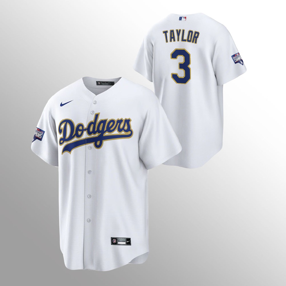 Men's Los Angeles Dodgers #3 Chris Taylor White MLB Champions Patch Gold Program Cool Base Sttiched Jersey Men's Los Angeles Dodgers #3 Chris Taylor White MLB Champions Patch Gold Program Cool Base Sttiched Jersey